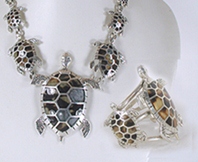 Mexican sterling silver inlay turtles necklace and bracelet set by Manuel Porcayo Figueroa